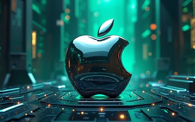 4k, apple  logo, vihreä hi tech tausta, apple 3d  metalli  logo, omenan tunnus, luova 3d  taide, omena