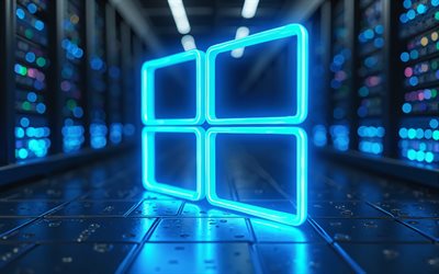 4k, windows 10 blue neon logo, bokeh, os  marken, kunstwerk, blaue neonlichter, windows 10 logo, rechenzentrum, windows 10 neon  logo, windows 10, marken, os  logo, windows 10 blue logo