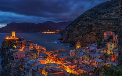 Vernazza, vecchio, architettura, paesaggi notturni, villaggio, scogliera, Liguria, Italia