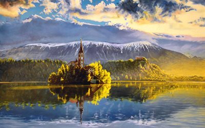 l'art, Bled, lac, île, les montagnes, la Slovénie