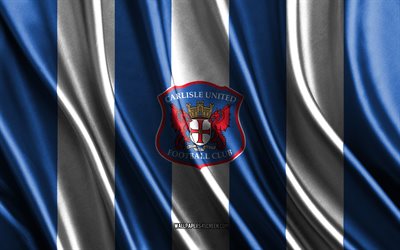 4k, Carlisle United FC logo, League Two, blue white silk texture, Carlisle United FC flag, English football club, soccer, silk flag, Carlisle United FC emblem, England, Carlisle United FC badge, Carlisle United FC