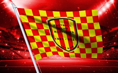 4k, FC Martigues logo, French football club, stadium flag, FC Martigues fans flag, red yellow flag, FC Martigues emblem, Ligue 2, France, football, FC Martigues