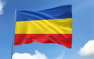 bandera de canar en la bandera, 4k, provincias ecuatorianas, cielo azul, bandera de canar, banderas de satén ondulados, provincias de ecuador, asta de bandera con banderas, día de canar, ecuador, provincia de canar, canar