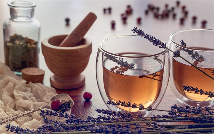 lavender tea, bokeh, tea cups, glasses, herbal tea, tea party, tea, lavender
