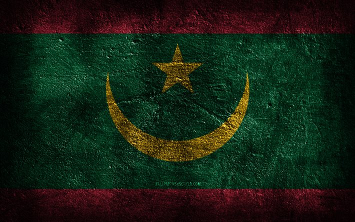 4k, 모리타니 국기, 돌 질감, 모리타니의 국기, 돌 배경, 모리타니의 날, 그런지 아트, 모리타니 국가 상징, 모리타니, 아프리카 국가