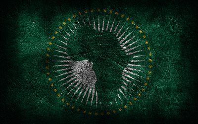 4k, African Union flag, stone texture, Flag of African Union, stone background, grunge art, International organizations symbols, African Union, African countries