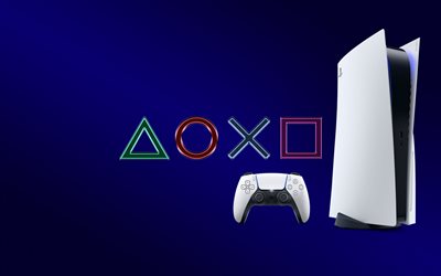 PlayStation 5, PS5, game console, Sony PlayStation, blue background, PlayStation logo, PS logo, PlayStation emblem, PlayStation