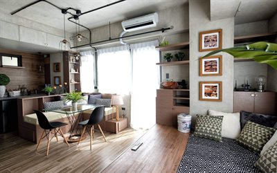 diseño interior moderno, sala de estar, comedor, estilo industrial, estilo loft, idea para sala de estar, interior elegante
