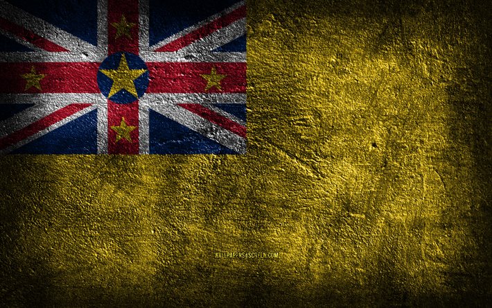 4k, bandiera di niue, struttura di pietra, sfondo di pietra, giorno di samoa, arte del grunge, simboli nazionali di niue, niue, paesi dell oceania