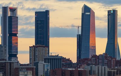Madrid, skyscrapers, Torre Cepsa, Torre PwC, Torre Emperador, Cepsa, Spanish for Space Tower, evening, sunset, business centers, Madrid cityscape, Spain