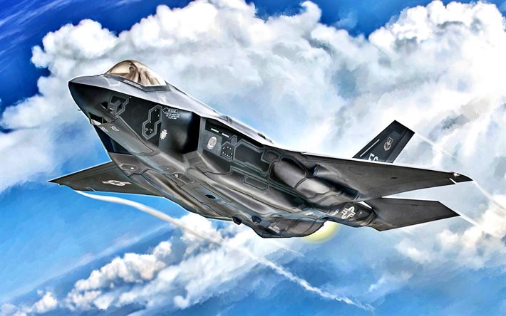 lockheed martin f-35 lightning ii, us fighter, usaf, f-35a, f-35 peint, dessins d avions militaires, f-35, chasseur dans le ciel