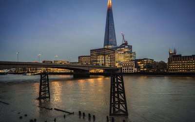 The Shard, skyscrapers, London, Thames, evening, sunset, business center, London cityscape, river, England, Great Britain