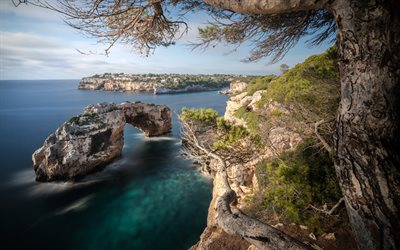 Mallorca, Mediterranean sea, evening, sunset, rocks in the water, seascape, Majorca, Balearic Islands, Mallorca cityscape, sea, Spain