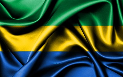 drapeau gabonais, 4k, les pays africains, les drapeaux en tissu, le jour du gabon, le drapeau du gabon, les drapeaux de soie ondulés, l afrique, les symboles nationaux gabonais, le gabon