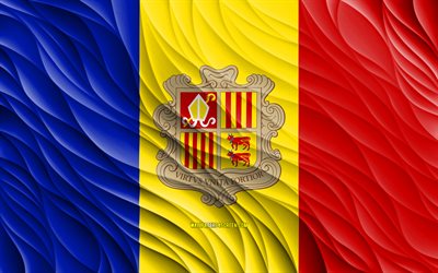 4k, アンドラの国旗, 波状の3dフラグ, ヨーロッパ諸国, アンドラの日, 3d波, ヨーロッパ, アンドラの国家のシンボル, アンドラ