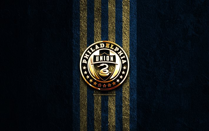 philadelphia union logo dorado, 4k, piedra azul de fondo, mls, club de fútbol americano, logotipo de philadelphia union, fútbol, philadelphia union fc, philadelphia union