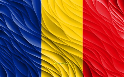 4k, bandiera rumena, bandiere 3d ondulate, paesi europei, bandiera della romania, giorno della romania, onde 3d, europa, simboli nazionali rumeni, romania