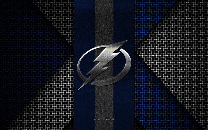 tampa bay lightning, nhl, blau-weiße strickstruktur, tampa bay lightning-logo, amerikanischer hockeyclub, tampa bay lightning-emblem, hockey, tampa, usa