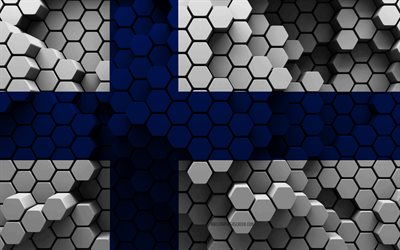 4k, bandera de finlandia, fondo hexagonal 3d, bandera 3d de finlandia, día de finlandia, textura hexagonal 3d, bandera finlandesa, símbolos nacionales finlandeses, finlandia, bandera finlandesa 3d, países europeos