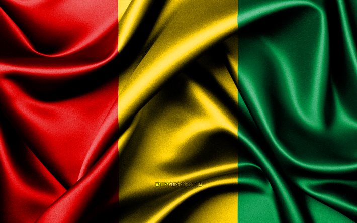 기니 국기, 4k, 아프리카 국가, 패브릭 플래그, 기니의 날, 기니의 국기, 물결 모양의 실크 깃발, 아프리카, 기니 국가 상징, 기니