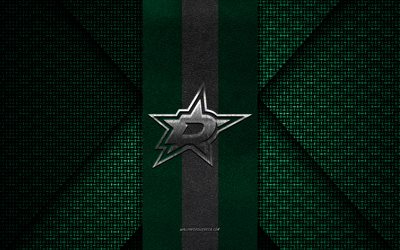 dallas stars, nhl, textura tejida blanca verde, logotipo de dallas stars, club de hockey estadounidense, emblema de dallas stars, hockey, dallas, ee uu