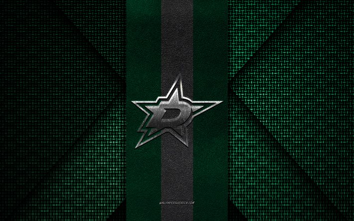 dallas stars, nhl, grün-weiße strickstruktur, dallas stars logo, american hockey club, dallas stars emblem, hockey, dallas, usa