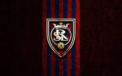 Real Salt Lake golden logo, 4k, red stone background, MLS, american soccer club, Real Salt Lake logo, soccer, Real Salt Lake FC, football, Real Salt Lake