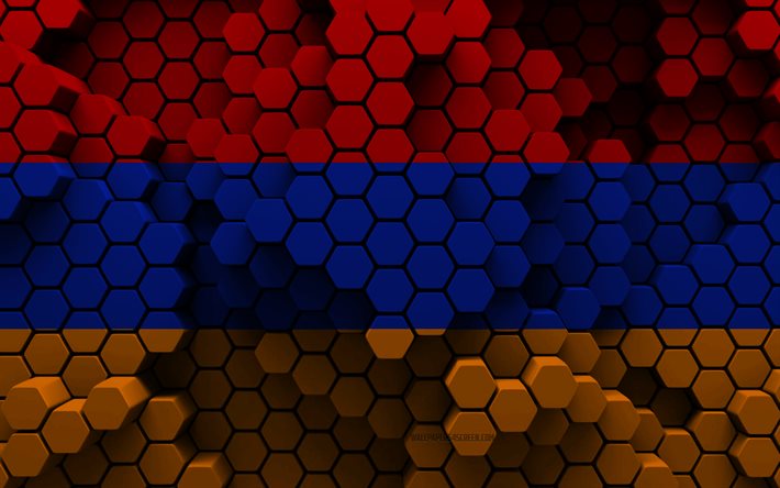 4k, bandiera dell armenia, sfondo esagono 3d, bandiera dell armenia 3d, giorno dell armenia, struttura esagonale 3d, bandiera armena, simboli nazionali armeni, armenia, paesi europei