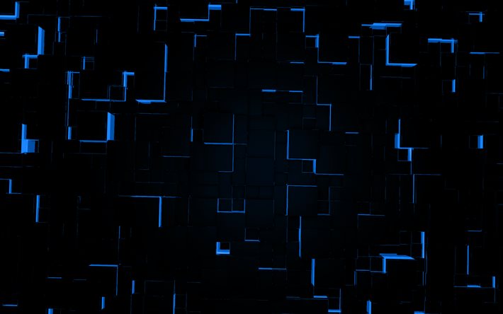 블랙 블루 3d 큐브 배경, 3d 디지털 아트 배경, 3d 큐브 배경, 파란색 네온 불빛, 푸른 빛 3d 배경, 창의 파란색 3d 배경