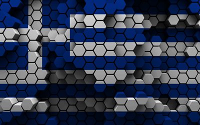 4k, bandiera della grecia, sfondo esagono 3d, bandiera della grecia 3d, giorno della grecia, struttura esagonale 3d, bandiera greca, simboli nazionali greci, grecia, paesi europei