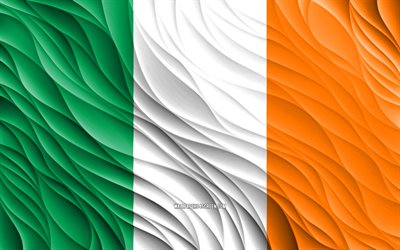 4k, アイルランドの旗, 波状の3dフラグ, ヨーロッパ諸国, アイルランドの日, 3d波, ヨーロッパ, アイルランドの国家のシンボル, アイルランド