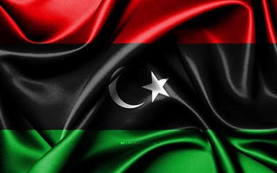 リビアの国旗, 4k, アフリカ諸国, ファブリックフラグ, リビアの日, リビアの旗, 波状のシルクの旗, アフリカ, リビアの国家のシンボル, リビア