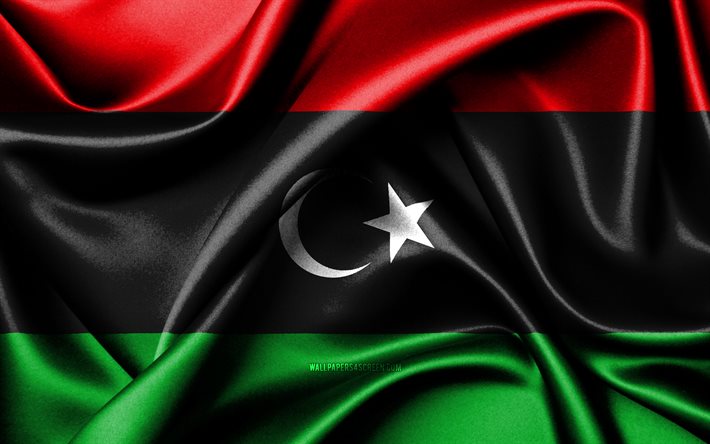 drapeau libyen, 4k, les pays africains, les drapeaux en tissu, le jour de la libye, le drapeau de la libye, les drapeaux de soie ondulés, l afrique, les symboles nationaux libyens, la libye