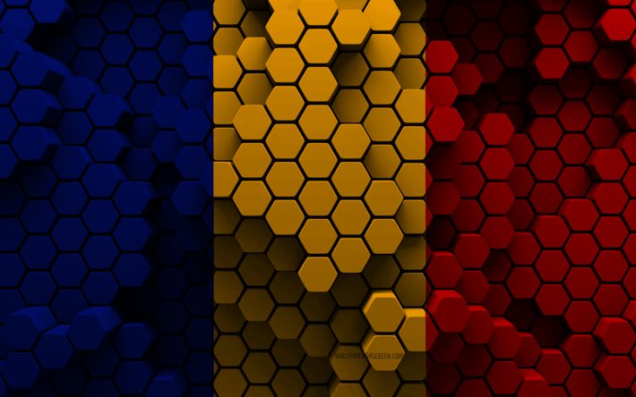 4k, bandera de rumania, fondo hexagonal 3d, bandera 3d de rumania, día de rumania, textura hexagonal 3d, bandera rumana, símbolos nacionales rumanos, rumania, países europeos