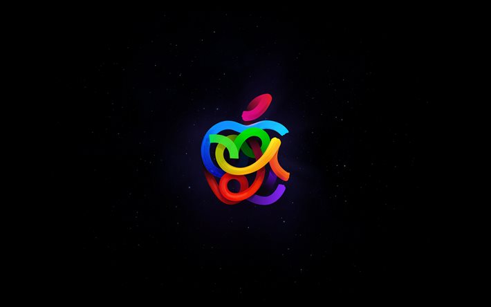 4k, 애플 추상 로고, 미니멀리즘, 창의적인, 검은 배경, 사과, 추상 미술, 애플 선형 로고, 삽화