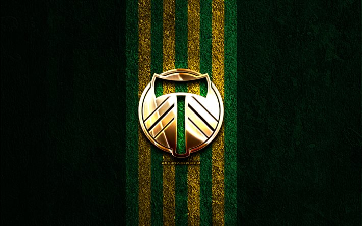 portland timbers logotipo dorado, 4k, fondo de piedra verde, mls, club de fútbol americano, logotipo de portland timbers, fútbol, portland timbers fc, portland timbers