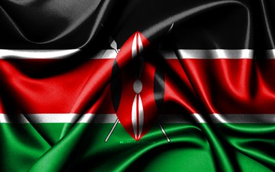 ケニアの国旗, 4k, アフリカ諸国, ファブリックフラグ, ケニアの日, ケニアの旗, 波状のシルクの旗, アフリカ, ケニアの国家のシンボル, ケニア