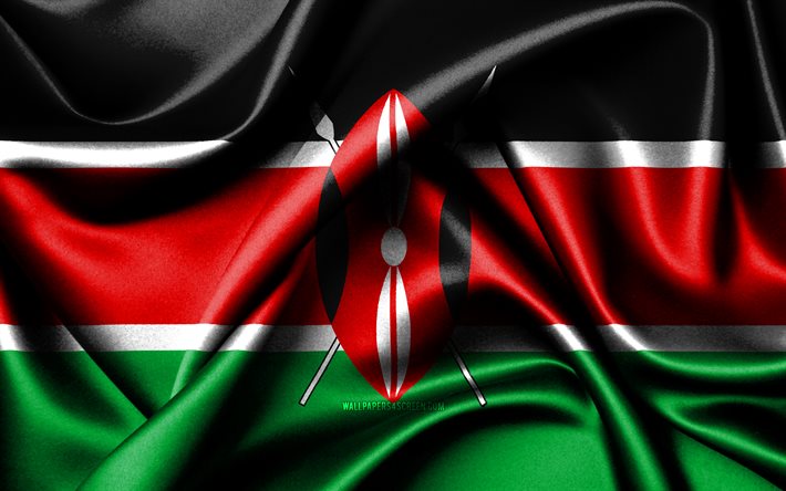 케냐 국기, 4k, 아프리카 국가, 패브릭 플래그, 케냐의 날, 케냐의 국기, 물결 모양의 실크 깃발, 아프리카, 케냐 국가 상징, 케냐