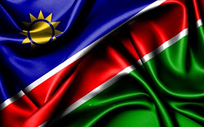 namibisk flagga, 4k, afrikanska länder, tygflaggor, namibias dag, namibias flagga, vågiga sidenflaggor, afrika, namibiska nationella symboler, namibia