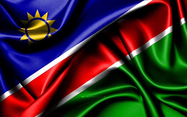 drapeau namibien, 4k, les pays africains, les drapeaux en tissu, le jour de la namibie, le drapeau de la namibie, les drapeaux de soie ondulés, l afrique, les symboles nationaux namibiens, la namibie