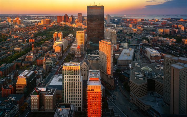 boston, sera, tramonto, grattacieli, panorama di boston, paesaggio urbano di boston, città americane, metropoli, massachusetts, usa