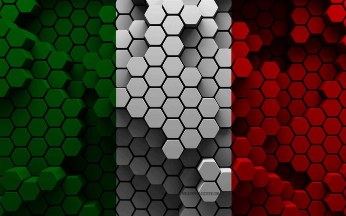 4k, bandera de italia, fondo hexagonal 3d, bandera 3d de italia, día de italia, textura hexagonal 3d, bandera italiana, símbolos nacionales italianos, italia, países europeos
