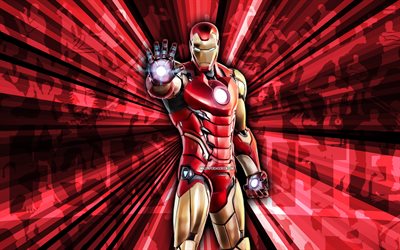 4k, Iron Man Fortnite, red rays background, Iron Man Skin, abstract art, Fortnite Iron Man Skin, Fortnite characters, Iron Man, Fortnite, creative art