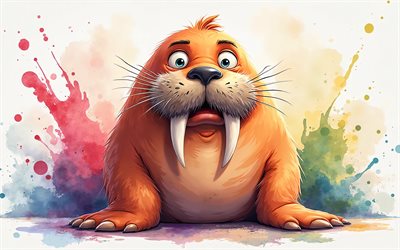 moral de dibujos animados, 4k, arte de acuarela, animales lindos, creativo, moras, animales de dibujos animados, linda morsa, obra de arte, morsa