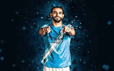 rayan ait nouri, 4k, néons bleus, manchester city, premier league, footballeurs algériens, rayan ait nouri 4k, football, manchester city fc, rayan ait nouri manchester city