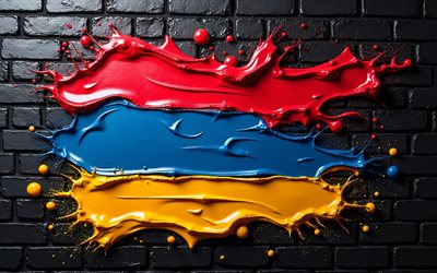 4k, flag armenia, black brickwall, vernice art, bandiera armena, paesi asiatici, spruzzi di vernice, bandiera dell'armenia, opera d'arte, asia, simboli nazionali armeni, fandiera 3d dell'armenia, armenia