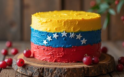 Venezuela flag painted on cake, 4k, Venezuela flag, baking, Venezuela, cake with berries, flag of Venezuela, cake with the Venezuela flag, Venezuela Day