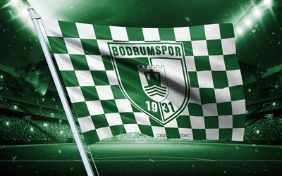 4k, logotipo bodrumspor, clube de futebol turco, bandeira do estádio, bodrumspor fãs sinalizam, bandeira branca verde, emblema do bodrumspor, super lig, peru, futebol, bodrumspor
