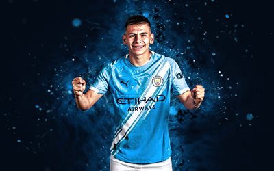 claudio echeverri, 4k, luces neones azules, manchester city, liga premier, futbolistas argentinos, claudio echeverri 4k, fútbol americano, fútbol, manchester city fc, ciudad de la ciudad, claudio echeverri manchester city