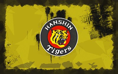 hanshin tigers grunge logo, 4k, npb, fondo de grune amarillo, béisbol, emblema de hanshin tigers, logotipo de hanshin tigers, equipo de béisbol japonés, hanshin tigers